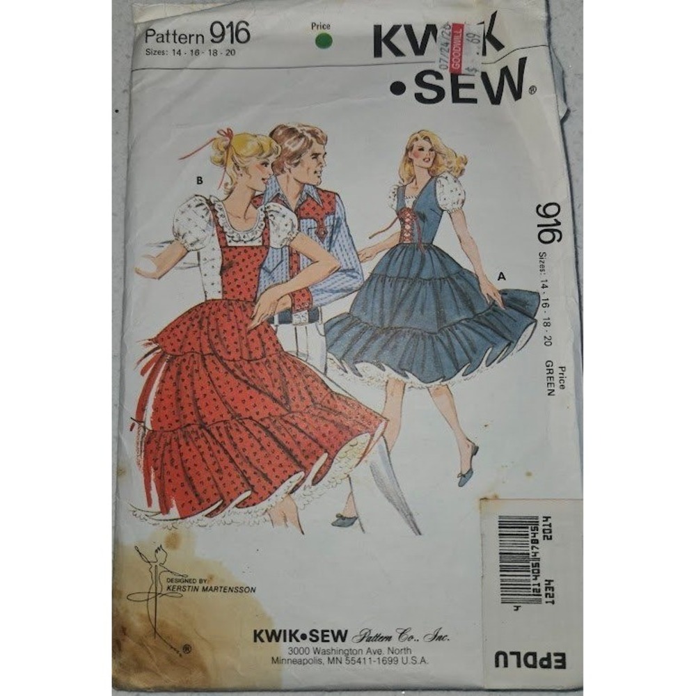 Vintage Kwik Sew 916 Sewing Pattern Misses Dirndl Dress Tiered Skirt Sizes 14-20